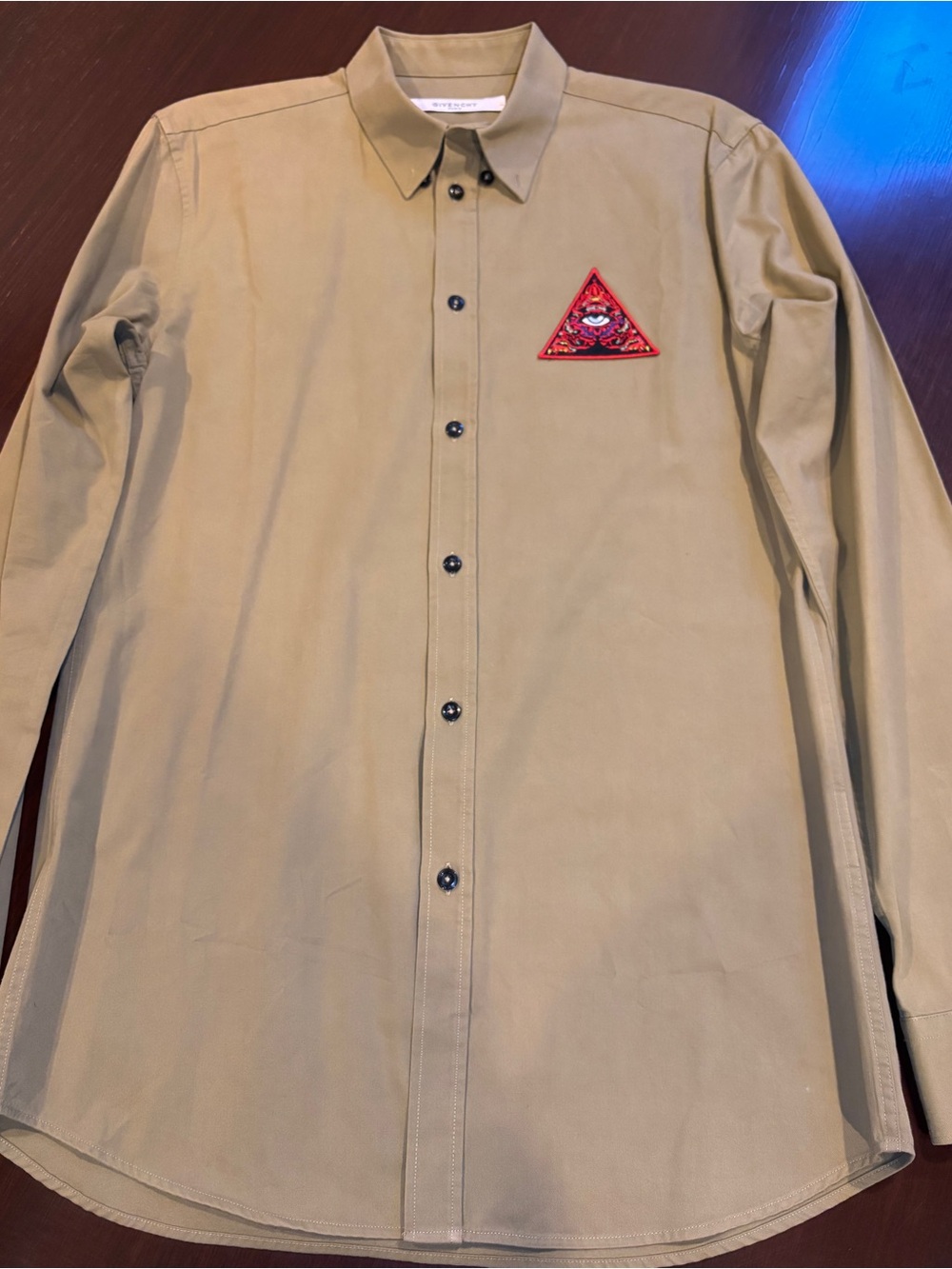 Givenchy Tan Button-Down Shirt with Red Triangle Patch